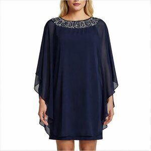 XSCAPE Navy Beaded Chiffon Cape Dress Size 14 Style XS9696 Evening Formal